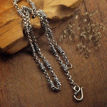 純銀蓮花珍珠做舊復古鎖骨鏈男女士項鏈泰銀時尚創意925銀長佛鏈