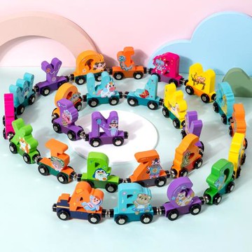 兒童木制26個字母列車拼裝磁吸拖拉小火車早教認知動物積木玩具