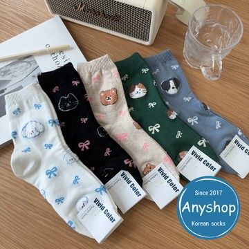 Anyshop韓國襪 蝴蝶結動物襪 蝴蝶結 動物襪 狗狗 貓咪 熊熊 韓國襪 中筒襪 韓國襪子 女生襪 女襪33602