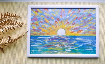 Sun is Setting。海景夕陽藝術作品，現代印象派畫作。