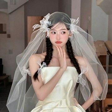 💖囍💖白色蝴蝶結頭紗 韓式簡約森系婚禮頭紗 長款蕾絲紗裙新娘頭紗配飾結婚用品 婚禮裝扮 婚慶用品新娘頭紗登記頭紗 頭
