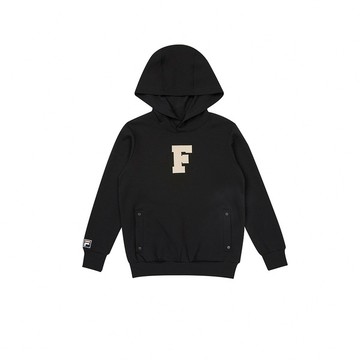FILA KIDS #復古飛馳 童莫代爾太空棉長袖連帽T恤-黑色 1TEZ-8430-BK