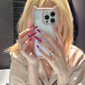🎀台灣出貨🎀純手工穿戴甲玫紅色法式爆閃貼鑽美甲貼片辣妹甜酷長款ins指甲貼