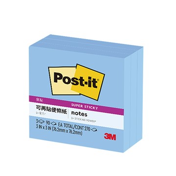 3M Post-it利貼狠黏便條紙/654-3SS-2/76.2x76.2mm/藍色/90張x3本/包