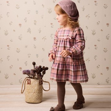 PIPPY 經典格紋剪接圓領長袖連身裙洋裝 粉