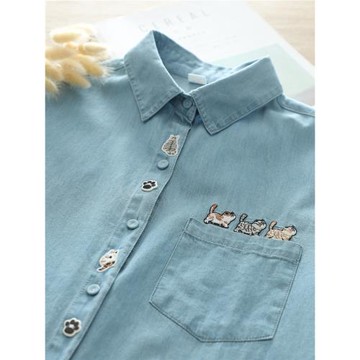 春秋新款文藝牛仔刺繡小貓咪口袋寬松百搭長袖襯衫女外穿小眾上衣