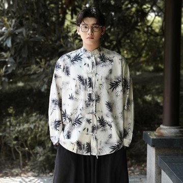 水墨竹子印花襯衫長袖春秋中國風外套男士唐裝新中式復古盤扣襯衣