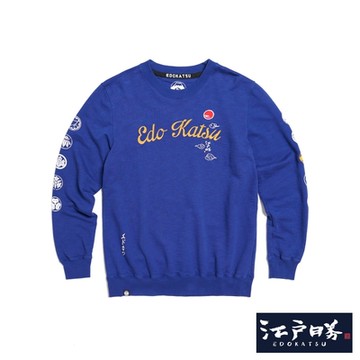 江戶勝 男裝 雙袖家徽章厚長袖T恤-灰藍色