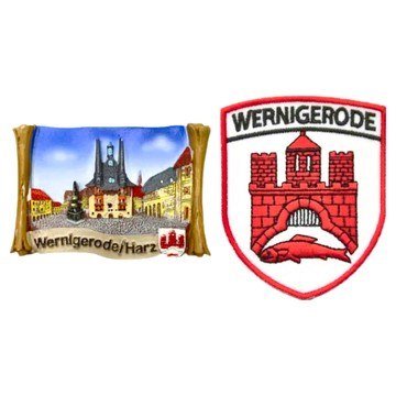 A-ONE 匯旺 德國韋爾尼格羅德磁鐵燙布貼組 辦公室冰箱裝飾 薩克森地標紀念品 1組 磁鐵:2.95 x 1.97inches 布藝徽章:2.5...  磁鐵:2.95 x 1.97inches，布藝徽章:2.5 x 3.1inches