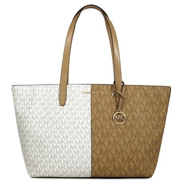 MICHAEL KORS JET SET TRAVEL 金字LOGO香草白X鹿棕色防刮滿版雙色大托特肩背包