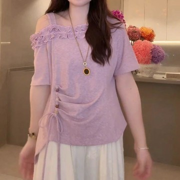 法式純欲風不規則斜領露肩T恤女2026夏季減齡設計感浪漫短袖上衣009