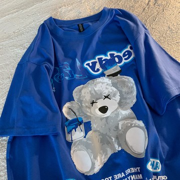 克萊因藍小熊短袖t恤女夏2022年新款設計感小眾半袖純棉體恤上衣