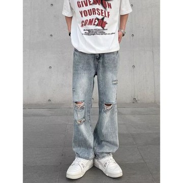 歐美高街牛仔褲男士新款潮流百搭顯瘦夏季薄款破洞寬松直筒乞丐褲