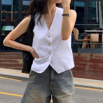 韓國chic夏季法式氣質V領單排扣百搭顯瘦棉麻西裝馬甲背心外套女