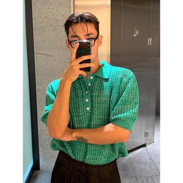 MRCYC鏤空翻領針織T恤男夏季寬松設計感Polo衫韓系通勤老錢風短袖