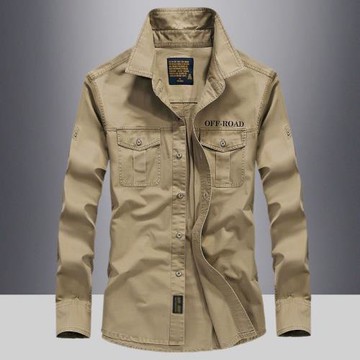 2025春季男士休閑純棉長袖襯衫青年大碼寬松雙袋百搭工裝襯衫薄款