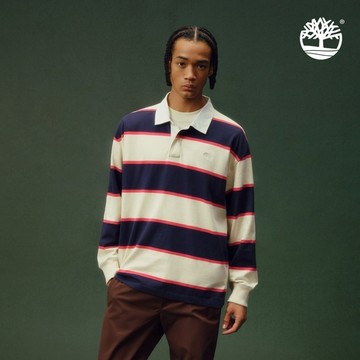 Timberland 中性藍米色寬版橄欖球POLO衫|A2Q4TA5T