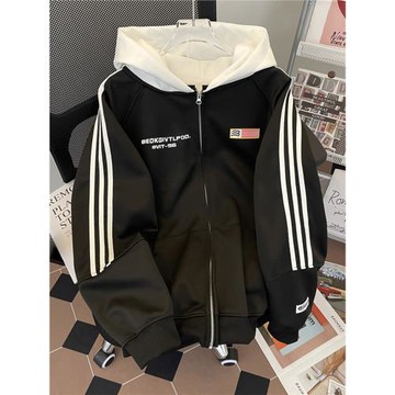 復古拼接三條杠連帽衛衣男女新款2025春秋拉鏈棒球服開衫夾克外套