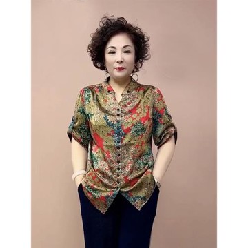 中老年媽媽真絲上衣夏季新款中袖大碼遮肚顯瘦桑蠶絲花色打底衫女
