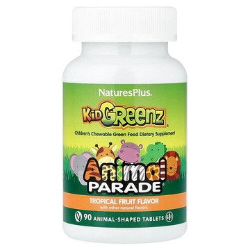 NaturesPlus, Animal Parade®，Kid Greenz®，兒童咀嚼型綠色食品膳食補劑，熱帶水果味，90 片動物形狀咀嚼片