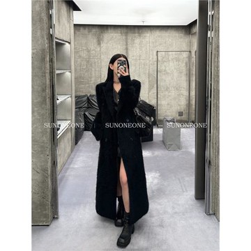 SUNONEONE安哥拉兔絨 高級感長款西裝呢子大衣女冬季黑色毛呢外套