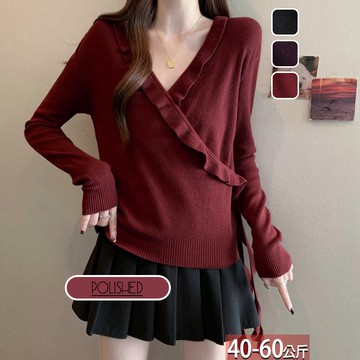 針織V領荷葉邊綁帶上衣(24)【566302X】【現+預】☆流行前線☆