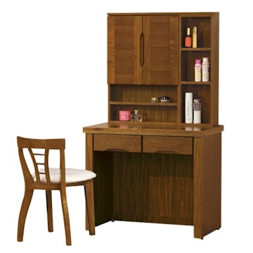 文創集 凱欣亞柚木紋2.9尺實木開合式鏡面鏡台組合(含化妝椅)-88x41.7x156cm免組