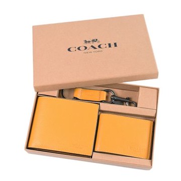 COACH 男款 荔枝紋短夾/證件夾/鑰匙圈禮盒組-琥珀黃