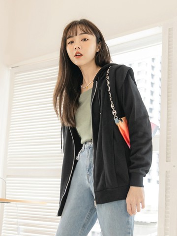 純色休閒棉質層次壓褶連帽外套