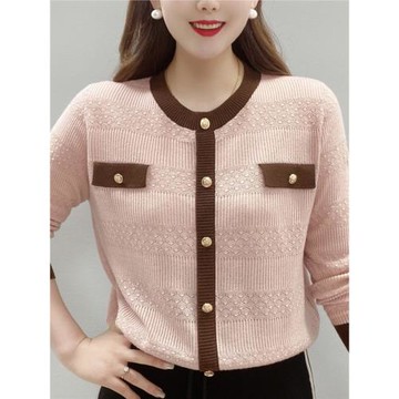 洋氣時尚年輕減齡中年媽媽裝針織衫2024春秋季圓領拼色拼接打底衫