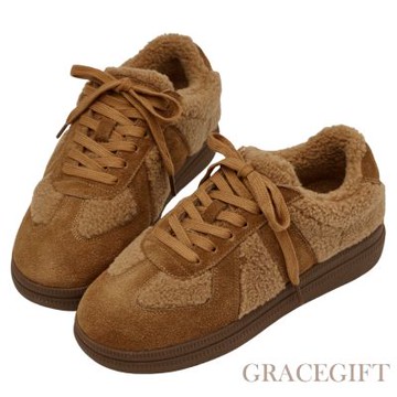 【Grace Gift】泰迪冬絨毛毛厚底德訓鞋 棕