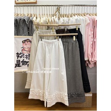 松緊腰純色腳口木耳邊拼接顯瘦休閑裙褲小個子遮跨顯瘦闊腿褲長褲