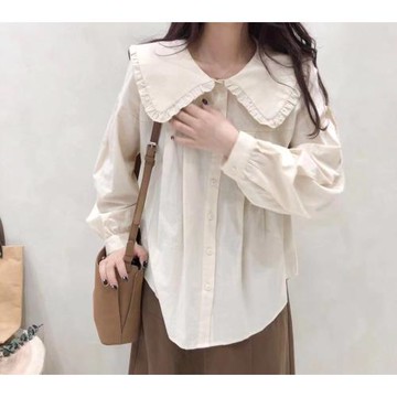 2024減齡新款荷葉邊娃娃領設計感襯衫女原宿風純色純棉襯衣上衣女