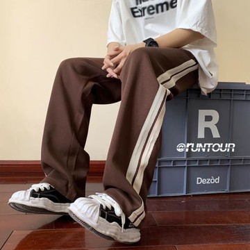 褲子男款春秋潮牌復古條紋衛褲直筒運動褲美式高街oversize休閑褲