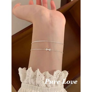 Pure Love樂芙 / 正韓 銀飾【S925純銀】B0936簡約通體純銀鋯石蝴蝶結纖細手鏈 / 金 銀