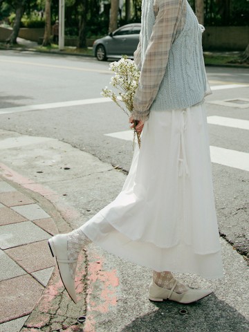 純棉雙層蝴蝶結綁帶A字長裙