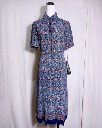 橘色圖騰短袖古著洋裝/ 國外帶回 VINTAGE