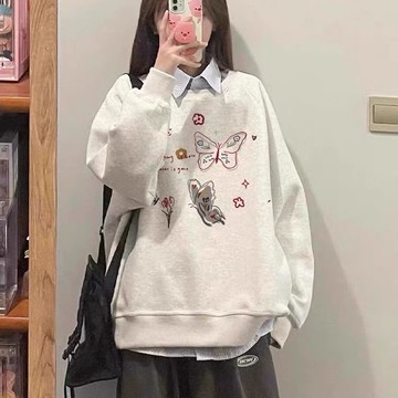 愛依依 長袖上衣 大學T 學院風 學生上衣S-3XL新款美式高級圓領衛衣套頭上衣-11277.