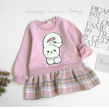 厚款 粉嫩格紋立體長耳兔刷毛長版上衣 秋冬童裝 女童上衣 女童長袖 女童棉T 長版上衣 連身裙