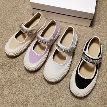 帆布鞋女夏款透氣薄款韓國水鉆瑪麗珍魔術貼休閑板鞋厚底溶解單鞋