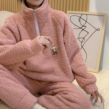 羊羔絨高領睡衣女加厚加絨保暖甜美家居服珊瑚絨寬松拉鏈運動套裝