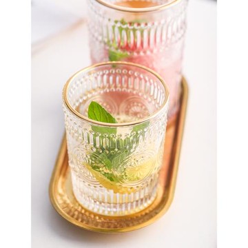 金邊玻璃杯歐式復古浮雕杯子透明家用牛奶早餐杯太陽花水杯INS風
