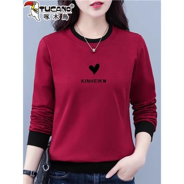 啄木鳥純棉長袖衛衣女春秋2025新款洋氣秋衣女秋冬加絨打底衫上衣