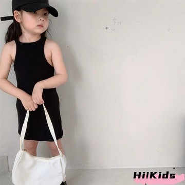 女童背心裙 韓版洋氣無袖工字背心洋裝 裙子 夏季新款緊身吊帶掛脖素色百搭中裙子潮 小女孩內搭裙H4