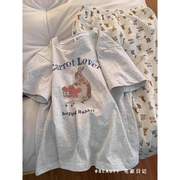 ins韓系純棉短袖睡衣女夏天2024新款少女甜美寬松休閑棉紗家居褲