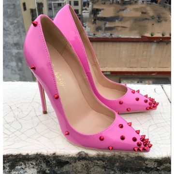 2022歐美新款性感玫粉色漆皮鉚釘尖頭高跟鞋淺口單鞋小碼