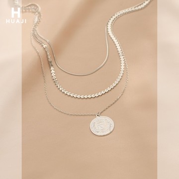 花跡冷淡風多層硬幣項鏈網紅潮嘻哈鎖骨鏈韓國小眾設計蛇骨鏈