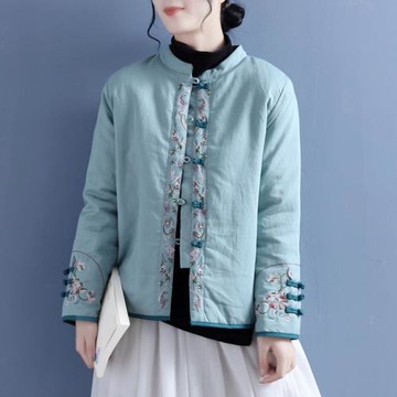中國風棉麻繡花棉服女復古盤扣立領對襟棉衣冬新款中式厚外套棉服
