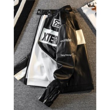 美式復古字母刺繡皮衣機車服男潮牌棒球服男士春秋款立領夾克外套