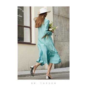 Amii春新款翻領綁帶法式仙女裙肌理感襯衫裙高級感連衣裙長裙